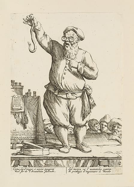 Charlatan on His Stage, Holding a Snake, from Di Bologna l'Arti per via D'An.ibal' Ca.rac, plate 25, by Giuseppe Maria Mitelli