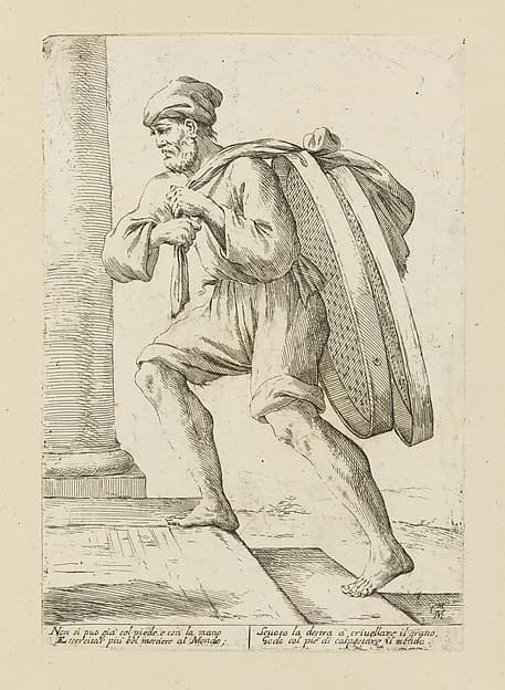Vendor of Grain Sifters, from Di Bologna l'Arti per via D'An.ibal' Ca.rac, plate 26, by Giuseppe Maria Mitelli
