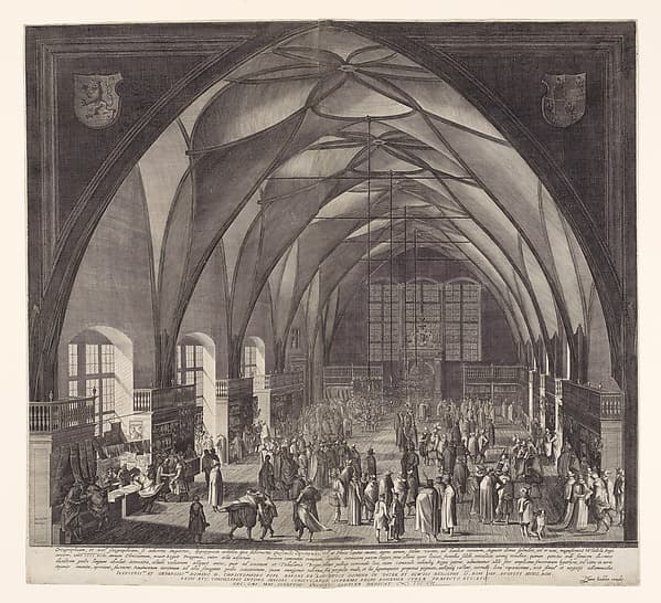 Interior View of Vladislav Hall at Prague Castle during the Annual Fair, by Aegidius Sadeler II