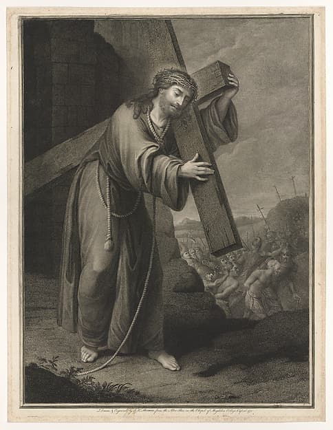 Christ carrying the cross, at right the two thieves on the road to Calvary, two crosses in the background, after Reni (?), by John Keyse Sherwin