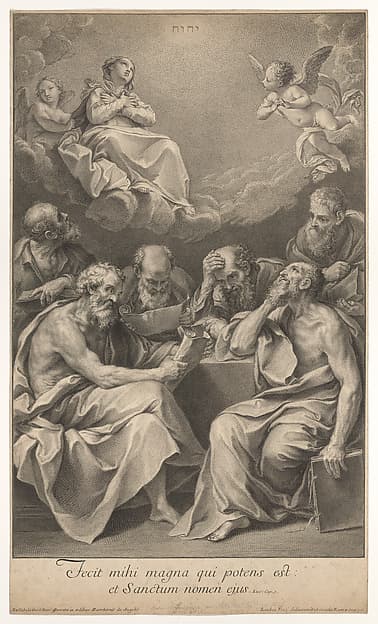 The doctors of the church consulting books and documents and contemplating the Virgin who is shown above in heaven, flanked by angels, by Johann Jakob Frey the Elder