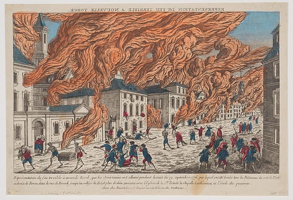 Réprésentation du feu terrible à nouvelle Yorck, que les Américains allumé pendant la nuit du 19. septembre 1776 (Representation of the terrible fire at New York, that the Americans lit during the night of September 19, 1776), by Anonymous, French, 18th century