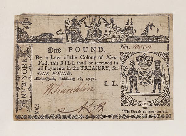 New York Colonial Currency – One Pound, by Hugh Gaine