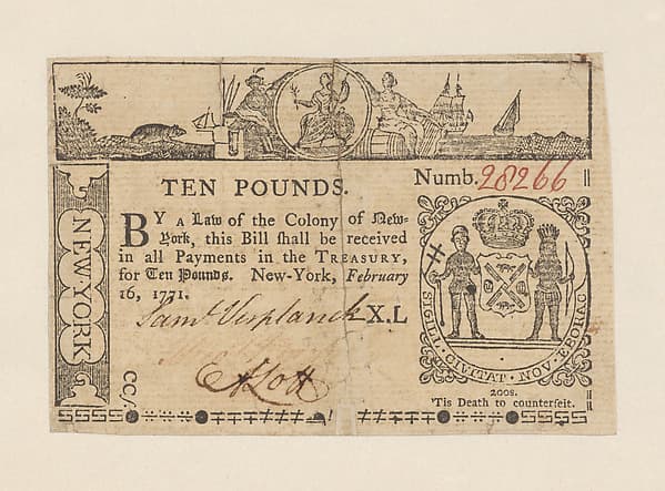 New York Colonial Currency– Ten Pounds, by Hugh Gaine