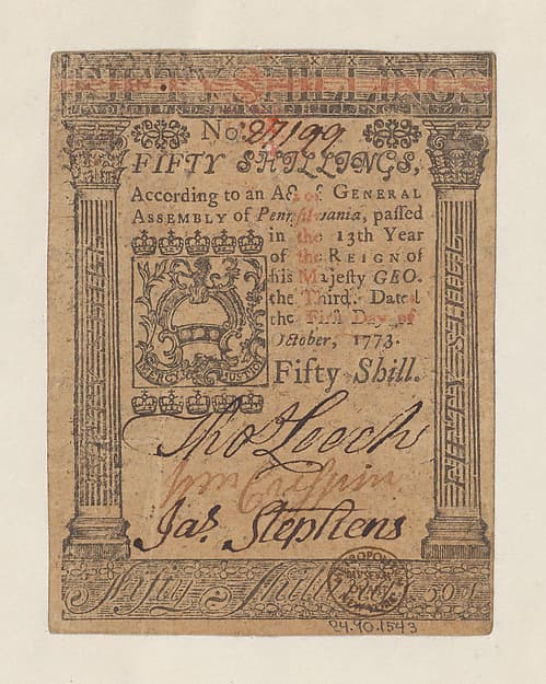 Pennsylvania Colonial Currency – Fifty Shillings, by Hall and Sellers, Philadelphia, Pennsylvania