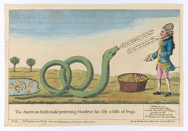 The American Rattlesnake Presenting Monsieur his Ally a Dish of Frogs, by Anonymous, British, 18th century