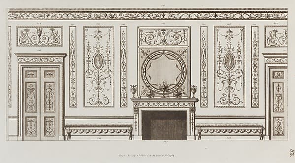 Interior design of wall with door, fireplace, panels and benches (in "Designs for Various Ornaments," pl. 52), by Michelangelo Pergolesi
