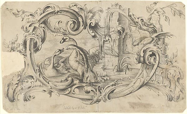 Design for a Tablet for a Chimney-Piece with Two Swans enclosed within a Cartouche, by Thomas Johnson