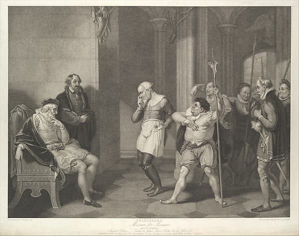 Angelo's House–Escalus, a Justice, Elbow, Froth, Clown, Officers, etc. (Shakespeare, Measure for Measure, Act 2, Scene 1), by Thomas Ryder I