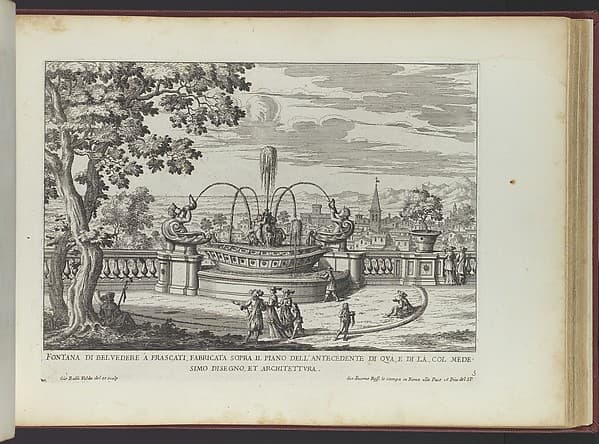 Fontana di Belvedere á Frascati (...), from "La Fontane di Roma nelle Piazze e Luoghi Publici (...)", part 2, 'Le fontane delle ville di Frascati' (plate 5), by Giovanni Battista Falda