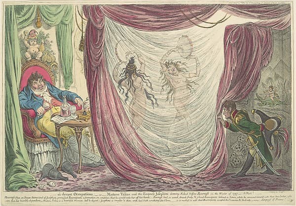 Ci-devant Occupations; or, Madame Talian and the Empress Josephine Dancing Naked before Barrass in the Winter of 1797. - A Fact!, by James Gillray