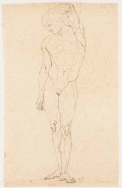 Nude Man Standing with One Arm Raised, by Anonymous, Italian, early 19th century