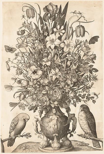 Vase of Flowers with Two Birds, by Nicolaes de Bruyn