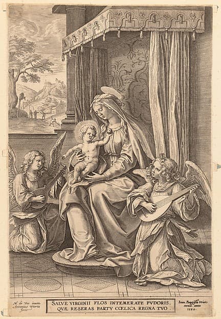 Virgin and Child Enthroned with Two Musical Angels, by Jan (Johannes) Wierix