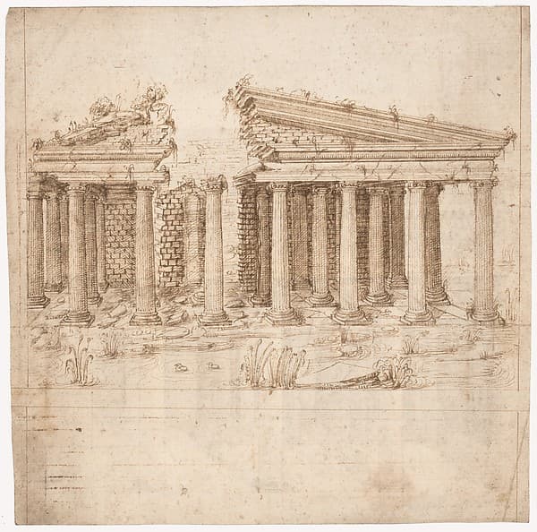 Recto: Front Elevation of a Roman Temple in Ruins (inspired by Giuliano da Sangallo); Verso: Elevation of the Nave of a Roman Basilica in Ruins (? the Basilica Giulia, inspired by Giuliano da Sangallo)., by Sangallo family