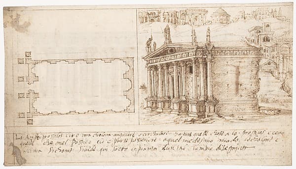 Recto: Temple Types: Amphiprostyle (Vitruvius, Book 3, Chapter 2, no. 4); Verso: Temple Types: Pseudodipteral (Vitruvius, Book 3, Chapter 2, no. 6)., by Sangallo family