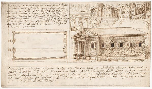 Recto: Temple Types: in Antis and Prostyle (Vitruvius, Book 3, Chapter 2, nos. 2, 3); Verso: Temple Types: Peripteral (Vitruvius, Book 3, Chapter 2, no. 5)., by Sangallo family