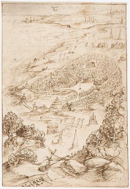 The Port City of Alexandria (? Allusion to Dinocrates's Building of Alexandria, Vitruvius, Book 2, introduction, no. 1) (recto); Fragmentary Writing ("Libro Primo...") (verso), by Sangallo family