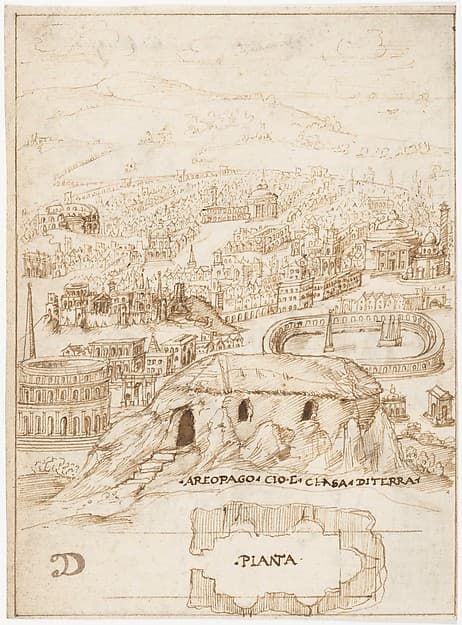 Recto: The Houses of the Barbarians (Vitruvius, Book 2, Chapter 1, nos. 3, 4); Verso: The Aeropagus in Athens with Cave Houses (Vitruvius, Book 2, Chapter 1, no. 5)., by Sangallo family