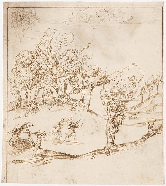 Recto: Landscape with Trees and Figures (? Remarks on the Winds and the Lay-out of the City; Vitruvius, Book 1, Chapter 6, nos. 2, 3): Verso: Blank., by Sangallo family