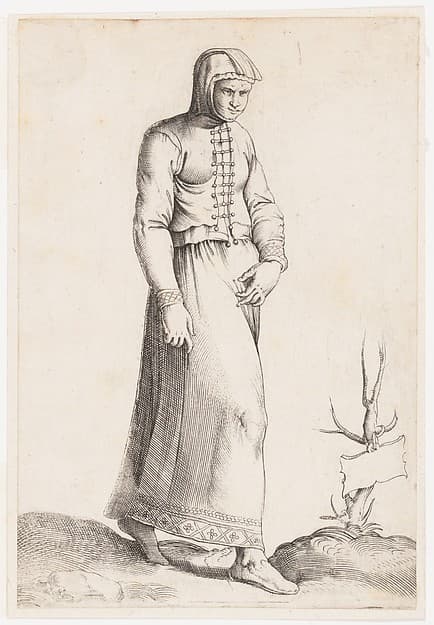 Costume Plate: Woman with Hooded Garment, by Enea Vico