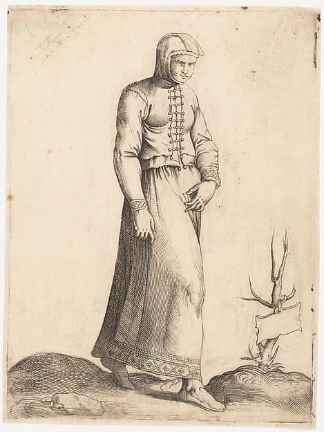Costume Plate: Woman with Hooded Garment, by Enea Vico