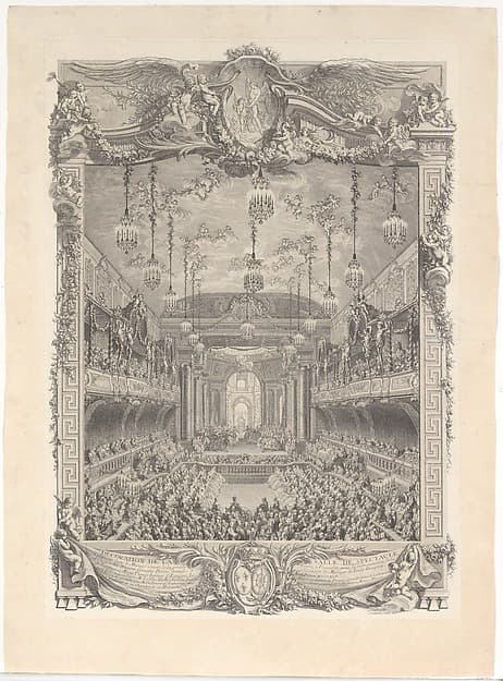 Decoration de la salle de spectacle construite a Versailles pour la representation de la Princesse de Navarre, by Charles Nicolas Cochin II
