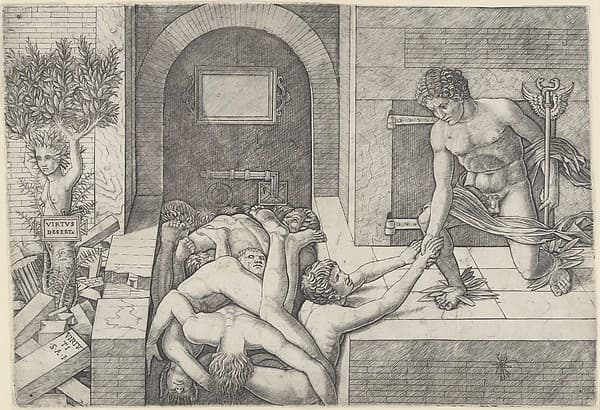 Ignorance and Mercury (an allegory of Virtue and Vice), Mercury kneeling at right holding a staff and taking the hand of a man who emerges from a pile of naked bodies, at left a tree with the torso and head of a woman (Daphne), by Giovanni Antonio da Brescia
