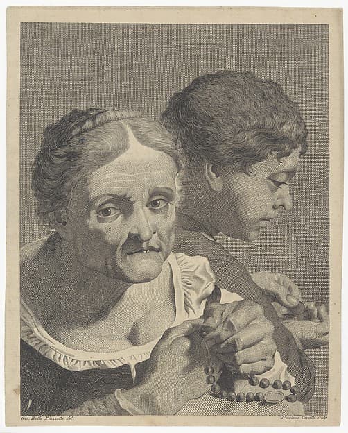 Copy in reverse of an old woman with a rosary and a boy counting coins; plate 10 from 'Icones ad vivum expressae' after Giovanni Battista Piazzetta, by Niccolò Cavalli