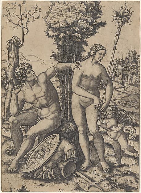 Mars seated at the left, his left hand on Venus's shoulder, cupid beside her at the right, by Marcantonio Raimondi
