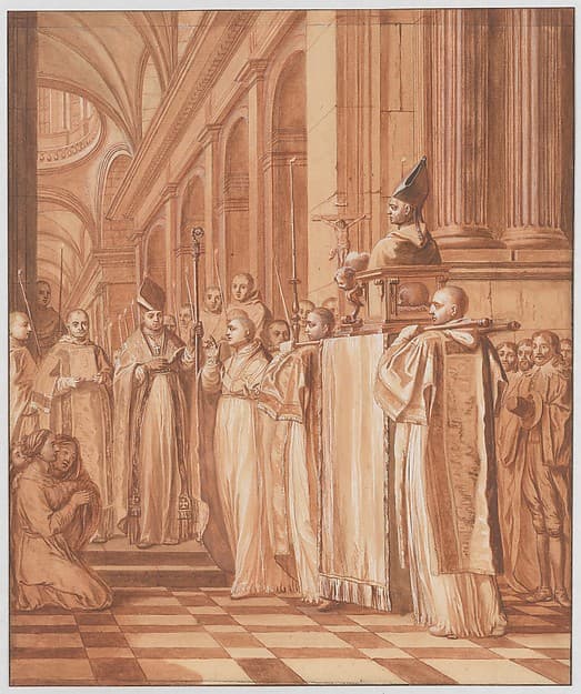 Scene 36: Reception of the heart and head of the Blessed Father Dom Jean de la Barrière, brought from Rome to his Abbey of Feuillants in 1626, where they are carefully preserved along with other relics of the Holy Abbot, by Matthieu Elias