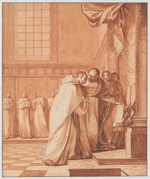 Scene 32: Supporters of the league pursue the Blessed Abbot to Rome; despite their calumnies his innocence is recognized by the pope himself, who order Cardinal Bellarmine to restore all his posts and honors, by Matthieu Elias