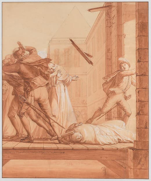 Scene 28: The Blessed Abbot having retired to the Château de Montaigu, soldiers of the league arrive to capture him as he leaves. A piece of wood falls from on high and scatters the soldiers and wounds the Holy Abbot, whom they leave for dead; he is miraculously cured and escapes, by Matthieu Elias