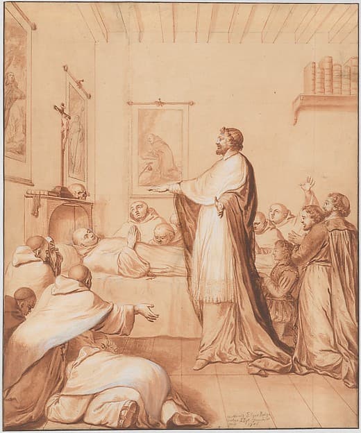 Scene 33: The Blessed Abbot, near death, receives the blessing of the pope, who sends for this purpose Cardinal d'Ossat, a close friend of the saint, whose teacher he had been; he dies in the odor of sanctity, 25 April 1600, by Matthieu Elias