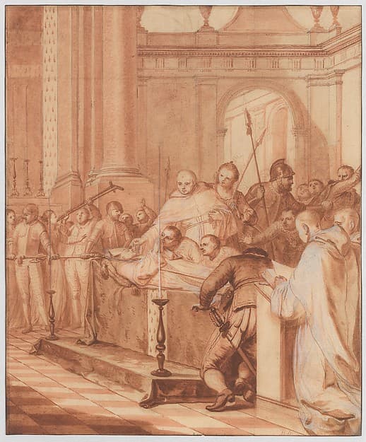 Scene 34: To satisfy the devotion of the people, they are forced to leave the Blessed Abbot's body on display for three days; many miracles are performed, by Matthieu Elias