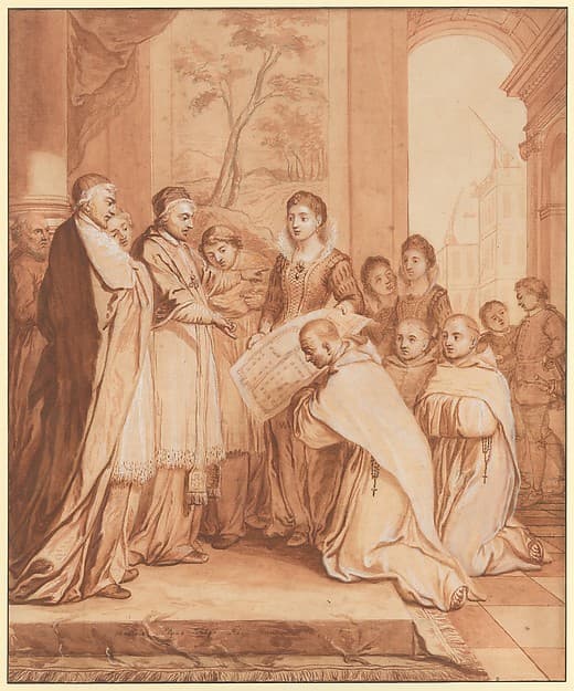 Scene 31: Foundation of a second Feuillant monastery in Rome, dedicated to Saint Bernard, in 1594, thanks to the generosity of Caterina de' Nobili, niece of Pope Julius III and widow of Count Sforza Sforza di Santa Fiora, by Matthieu Elias