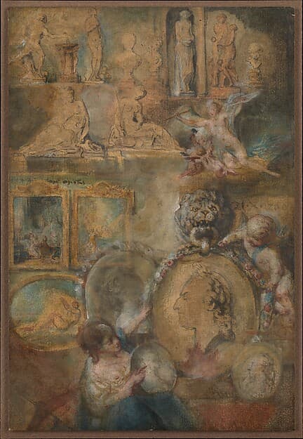 Allegory of Louis XV as Patron of the Arts with Paintings and Sculpture from the Salon of 1769, by Gabriel de Saint-Aubin