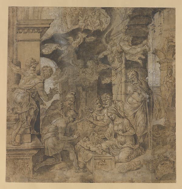 The Adoration of the Shepherds (recto); Sketches (verso), by Maarten van Heemskerck