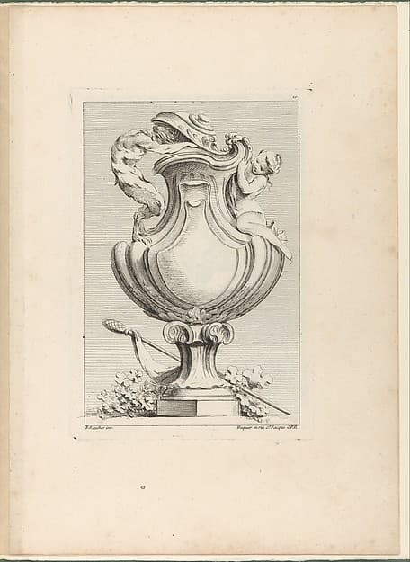 Design for a vase with a faun and a nymph, from Livre de Vases (Book of Vases), plate 10, by Gabriel Huquier