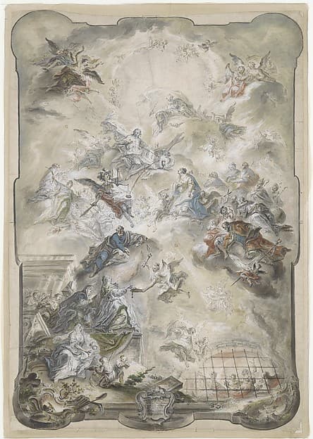Design for a Wall Panel or Ceiling with The Virgin and Saints Interceding before Christ for the Souls of the Lost, by Johann Baptist Enderle