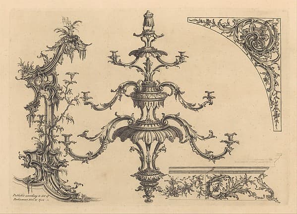 12 plates from 'A New Book of Ornaments with Twelve Leaves Consisting of Chimneys, Sconces, Tables, Spandle Panels, Spring Clock Cases, Stands, a Chandelier and Girandole, etc.', by Matthias Lock