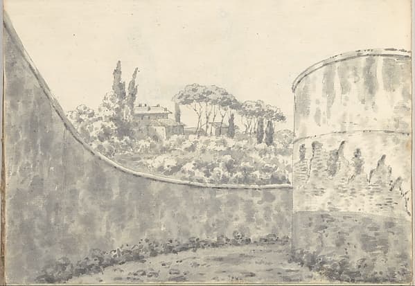 Curved wall, round tower and distant villa, near St. Peter's at Rome (Smaller Italian sketchbook, leaf 8 recto), by Joseph Wright (Wright of Derby)
