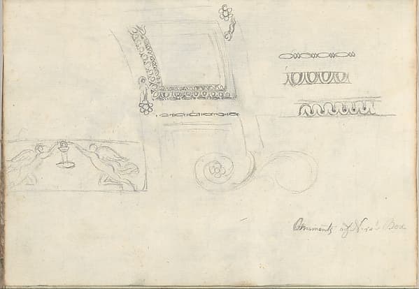 Carved panel and ornament (Smaller Italian sketchbook, leaf 9 recto), by Joseph Wright (Wright of Derby)