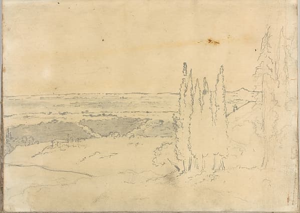 Landscape with cedars and buildings, at Rome (Smaller Italian sketchbook, leaf 24 recto), by Joseph Wright (Wright of Derby)