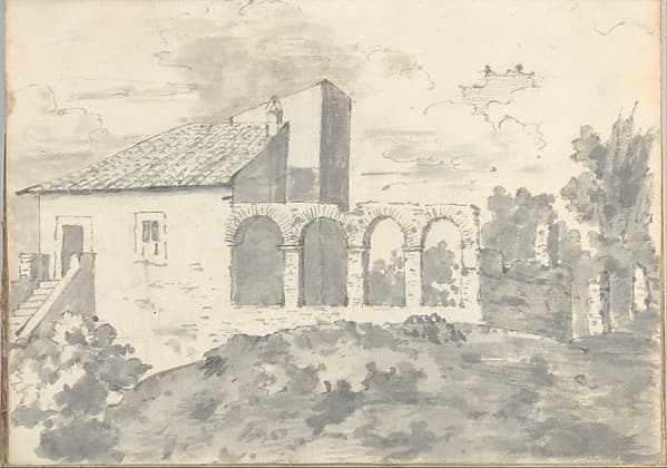 Tile-roofed building with an arcade, part of the walls at Rome (Smaller Italian sketchbook, leaf 31 recto), by Joseph Wright (Wright of Derby)