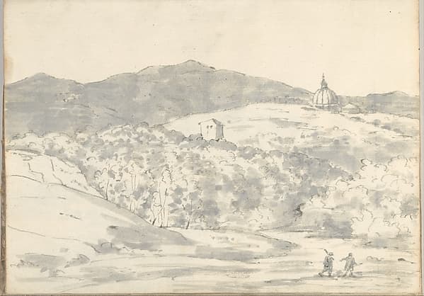 Landscape with a towered building and domed church, near Rome (Smaller Italian sketchbook, leaf 32 recto), by Joseph Wright (Wright of Derby)