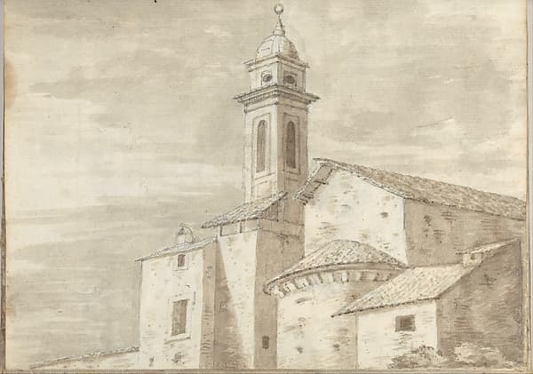 Church with a tower and tiled roof, at Rome (Smaller Italian sketchbook, leaf 36 recto), by Joseph Wright (Wright of Derby)