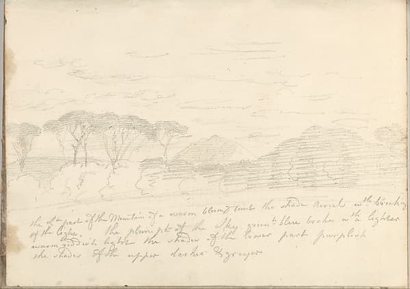 Landscape with umbrella pines and a distant mountain, near Rome (Smaller Italian sketchbook, leaf 41 recto), by Joseph Wright (Wright of Derby)