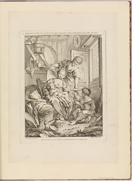 Plate 1: Young Woman Feeding her Infant, from Premier Livre de Sujets et Pastorales (First Book of Subjects and Pastorals), by Gabriel Huquier