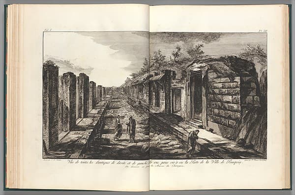 View opposite the entrance gate of all of the shops to the right and left of the street of the City of Pompeii, from "Antiquités de Pompeïa, tome premier, Antiquités de la Grande Grèce..." (Antiquities of Pompeii, volume one, Antiquities of Great Greece...), volume 1, plate 13, by Francesco Piranesi
